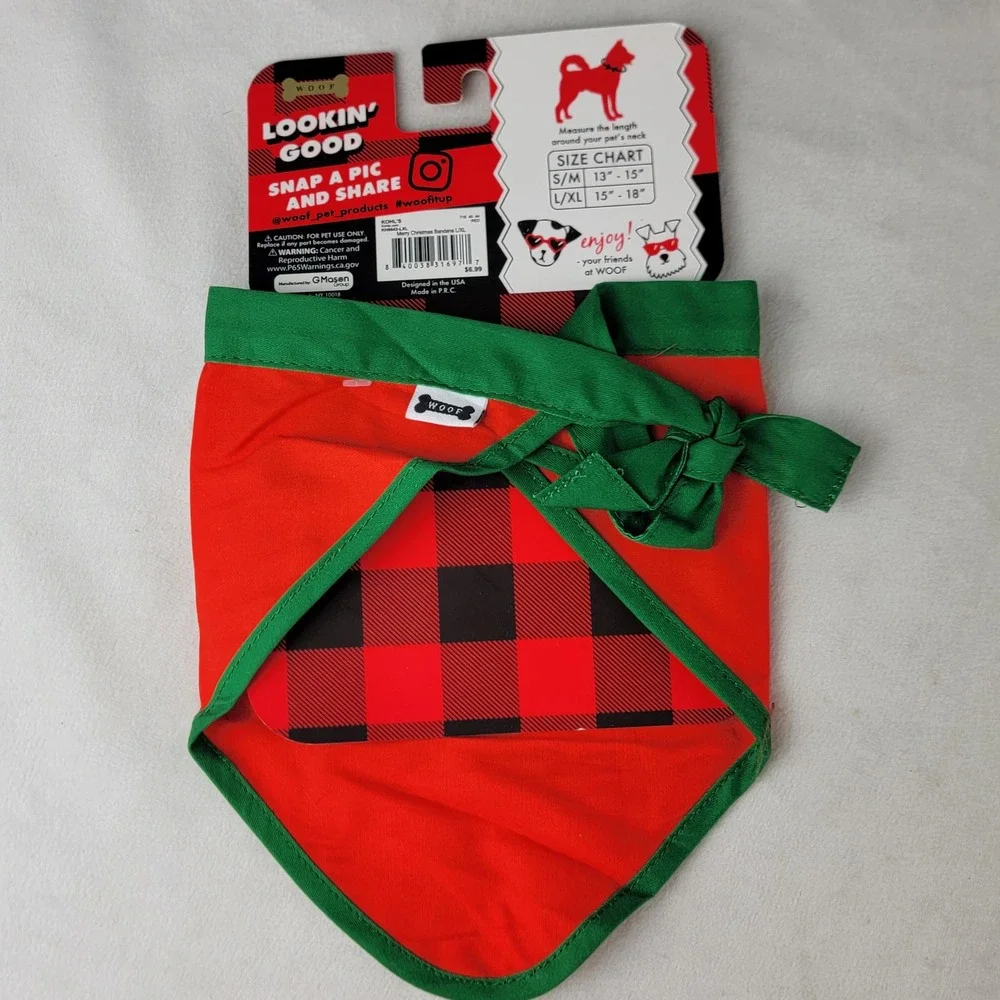 WOOF Merry Christmas Dog Cat Pet Bandana L XL Red Green Holiday Festive Tree NEW